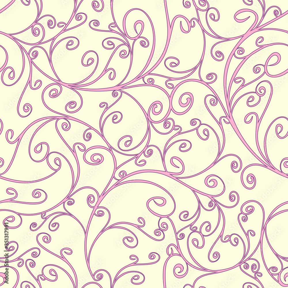 Seamless vector pattern with curved lines on pink background. Beautiful romantic wallpaper texture. Royal fashion fabric design.