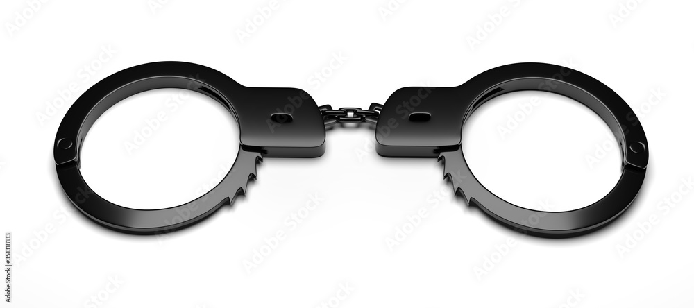 Real metal handcuffs. Closed police handcuffs close-up on a white background. 