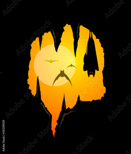 Bat fly in cave at sunset yellow illustration black background