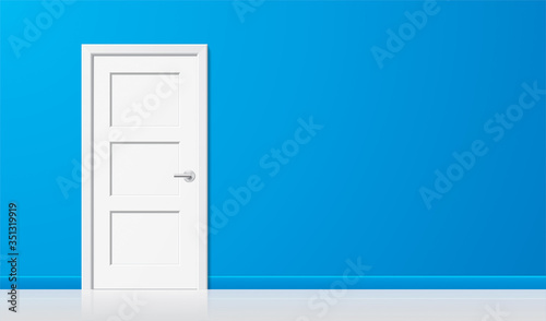 White door on blue wall background. Tiled closed door with a chrome handle, standing on the left side of blue colored corridor, with white flooring. Interior vector illustration in a front view.