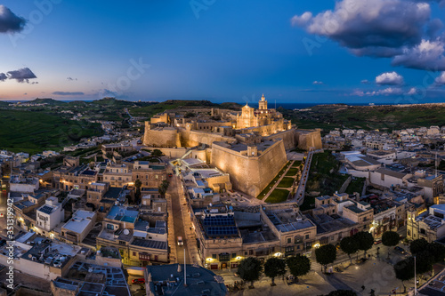 Aerial view of the Citadel on Gozo during the night, Malta. photo