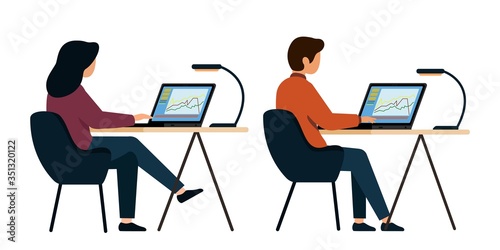 Computer screen. The guy and the girl are working on laptops. Work environment in the office. Illustration on a white background
