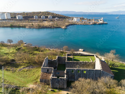 Aerial view of Fulfinum Mirine on the shore of the bay in Omisalj, Croatia photo