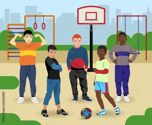 A group of boys on a summer playground. Preschoolers play sports. Flat illustration.