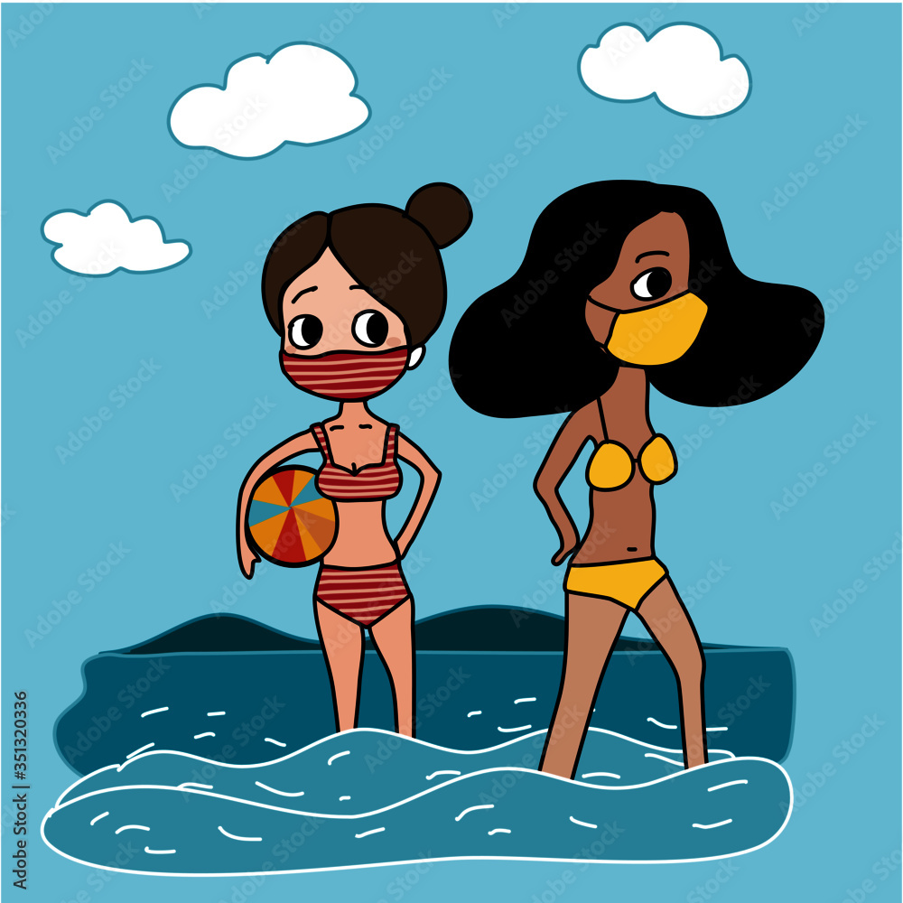 cute girls in bikini with face mask on the beach