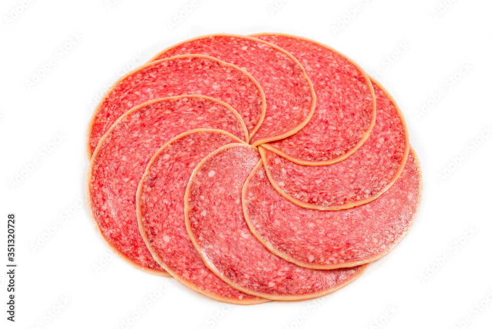 Salami slices isolated on white background. Salami slices isolated on white background.
