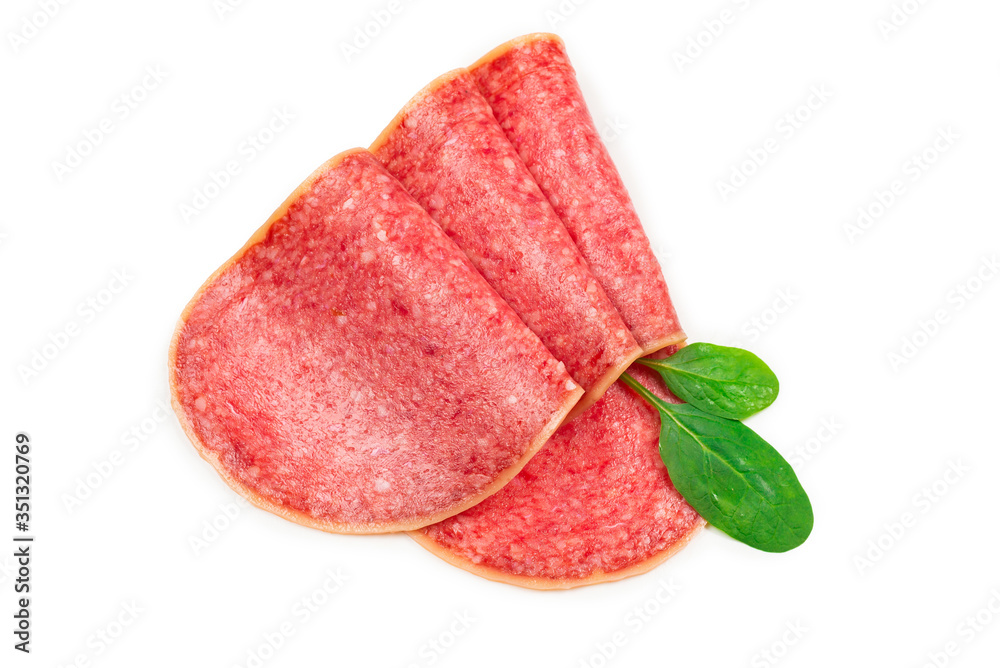 Salami slices isolated on white background. Salami slices isolated on white background.