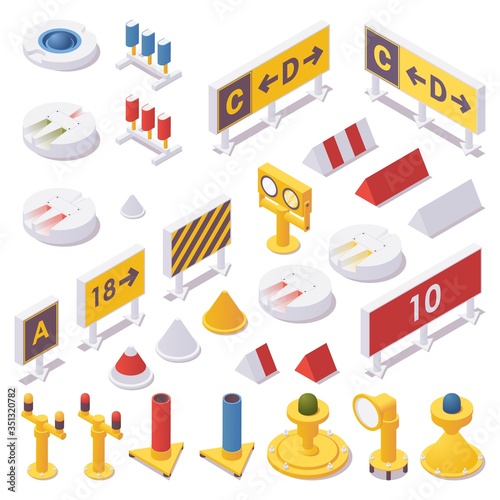 Isometric set of airport lights, taxiway signs, runway Guard, approach, touchdown zone and advanced airport light spotting