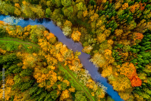 Aerial view of the river Elbe in the mixed autumn forest, neighbouring a path near Kuks, Czech Republic. photo