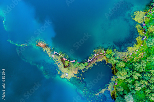 Aerial view of the Malo Plivsko lake in the evening, Jajce, Bosnia and Herzegovina.