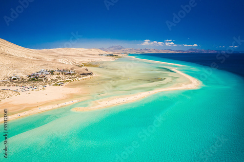 Aerial view of Sotavento beach lagoon in Costa Calma, Fuerteventura, Canary islands.