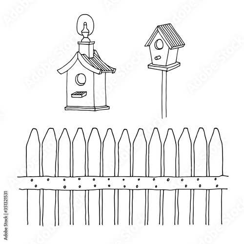 Fence and birds feeders vector illustration, hand drawn illustration isolated on white background
