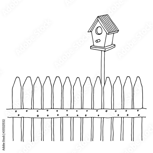 Fence and birds feeders vector illustration, hand drawn illustration isolated on white background