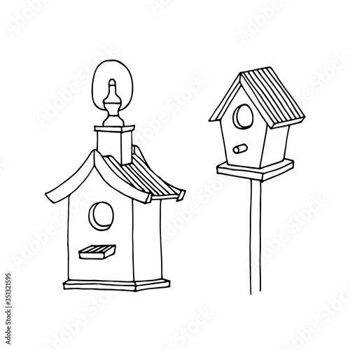 Birds feeders vector illustration, hand drawn illustration isolated on white background