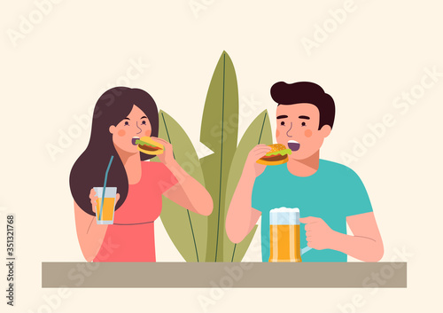 Man and woman eating burgers isolated. Vector flat illustration