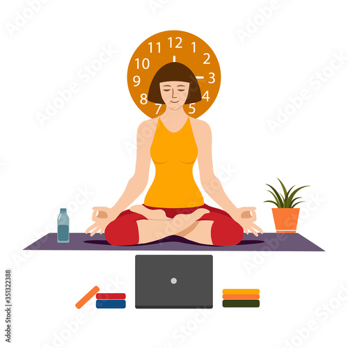Female cartoon character practicing Hatha yoga. Woman doing online workout indoor. Sport exercise at home. Yoga and fitness, healthy lifestyle. Flat vector illustration. Yogi woman in Ardha padmasana 