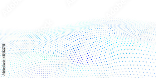 Abstract halftone background with wavy surface made of light blue dots on white