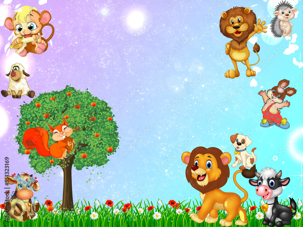 Naklejka premium squirrel, hedgehog, lion, cow, animals, dog, hare, sheep, monkey, stars, shine