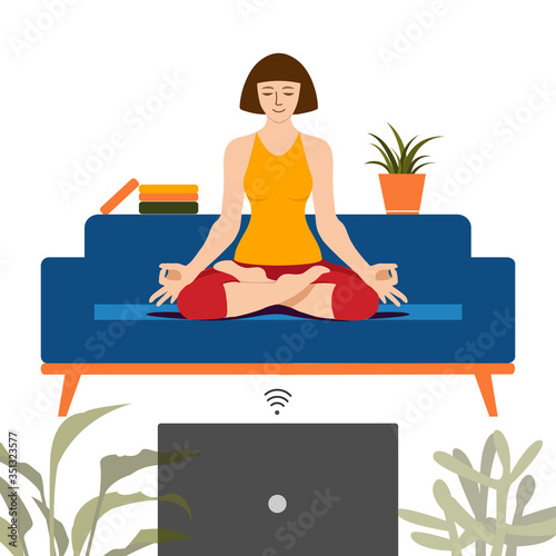 Female cartoon character practicing Hatha yoga. Woman doing workout indoor. Sport exercise at home. Yoga and fitness, healthy lifestyle. Flat vector illustration. Yogi woman in Ardha padmasana 