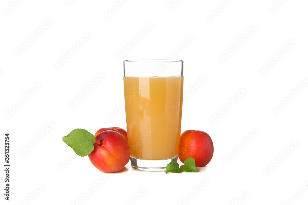 Fototapeta premium Glass with juice and apricots isolated on white background
