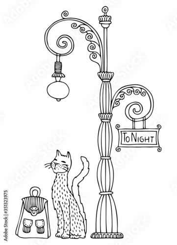 To Night. A cat with a bag waits under the lamp. Romantic scene. Hand drawn picture. Sketch for anti-stress adult coloring book. Vector illustration  for coloring page.