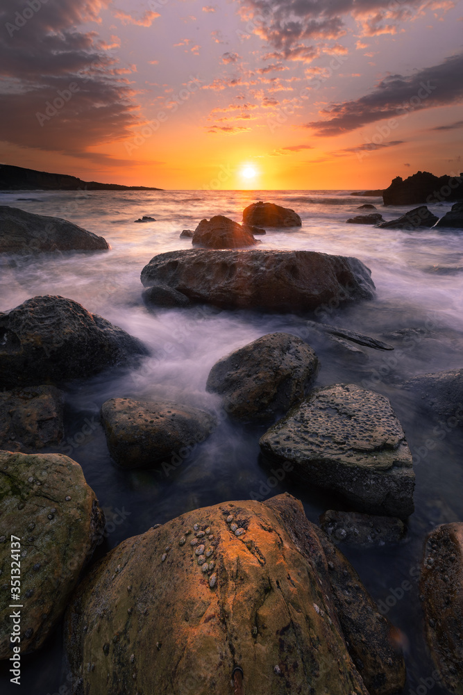 Sunset in the basque coast under Jaizkibel mountain in Hondarribia, Basque Country.