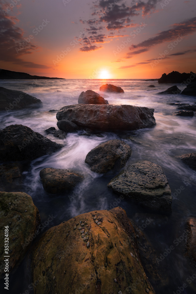 Sunset in the basque coast under Jaizkibel mountain in Hondarribia, Basque Country.