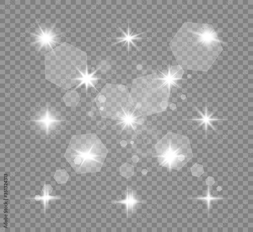 Set of gold bright beautiful stars. Light effect Bright Star. Beautiful light for illustration. Christmas star. Vector sparkles on transparent background.White glowing light. - obrazy, fototapety, plakaty 