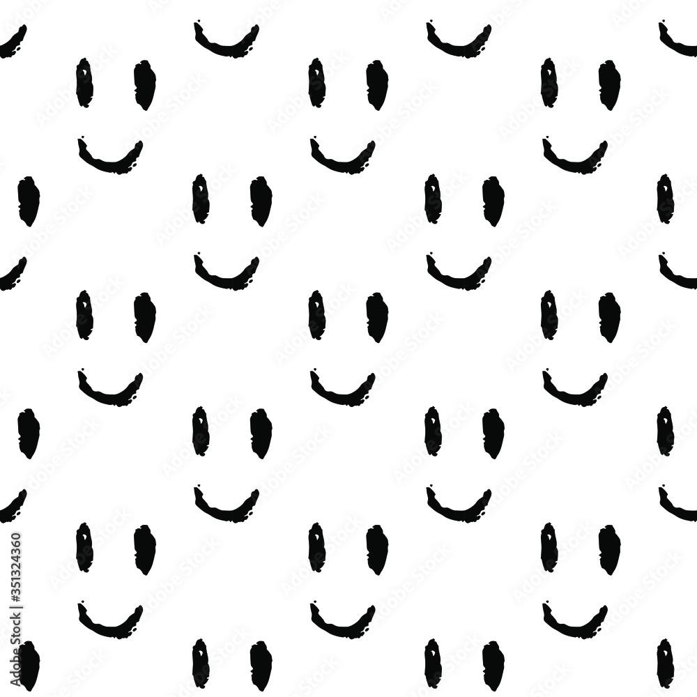 Smile. Hand drawn doodle. Black image isolated on white background. Crayons effect. Seamless reapeated pattern. Digital art. Vector EPS 10. 