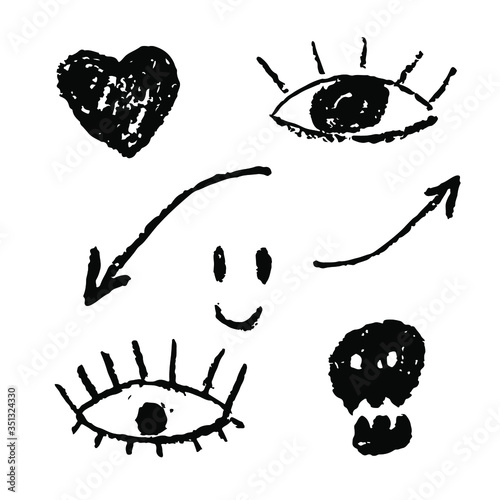 Eye. Scull. Heart. Arrow. Smile. Clip art. Digitall drawing doodles. Black image isolated on white background. Crayons effect. Vector EPS 10. 