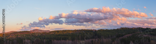 landscape at sunset, forests, mountains, beautiful clouds