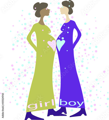  Two pregnant women. On their stomachs they have pink and blue hearts and the inscriptions GIRL BOY.