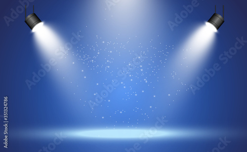 White stage with spotlights. Vector illustration of a light with sparkles on a transparent background.
