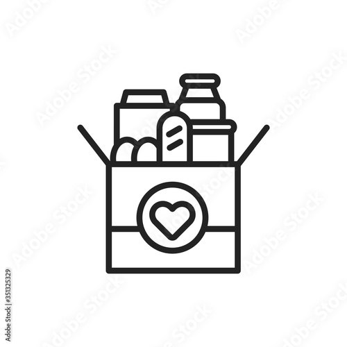 Donation box of food line black icon. Food Bank simple concept. Charity illustration. Sign for web page, mobile app, banner. UI UX user interface. Vector isolated object. Editable stroke.