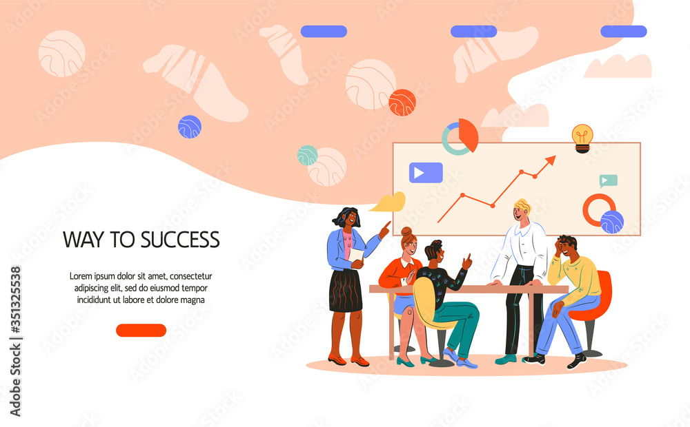Way to success web banner template with people characters. Key to success and business chance, on the way to successful career and company growth concept. Cartoon vector illustration on white.