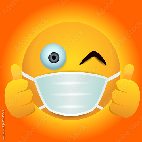 Emoji with mouth mask with two thumbs up - yellow face with half-closed eyes wearing a surgical mask vector illustration concept