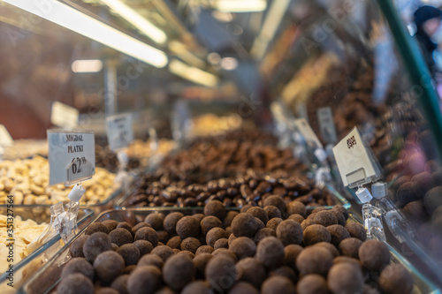 Chocolate balls or truffles exposed at the Polish market photo