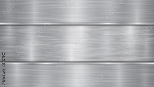 Background in silver and gray colors, consisting of a shiny metallic surface and two horizontal polished plates located above and below, with a metal texture, glares and burnished edges