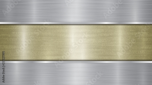 Background consisting of a golden shiny metallic surface and two horizontal polished silver plates located above and below, with a metal texture, glares and burnished edges