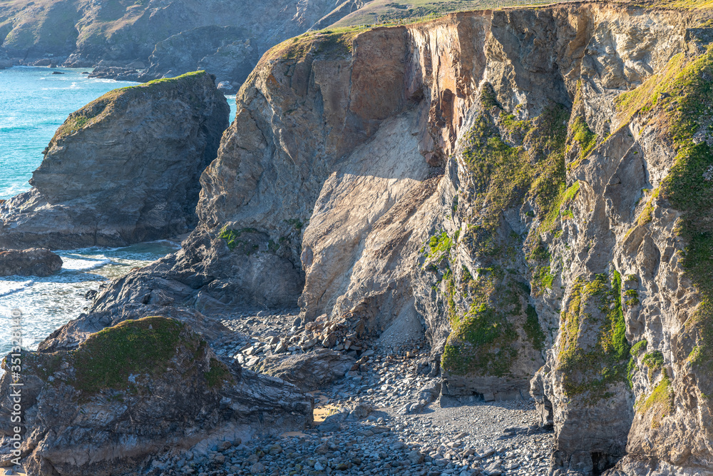 Close up of an area of fallen cliff following a landslip or cliff fall on the coast of Cornwall