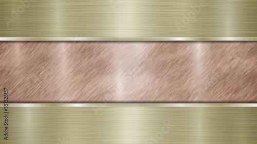 Background consisting of a bronze shiny metallic surface and two horizontal polished golden plates located above and below, with a metal texture, glares and burnished edges