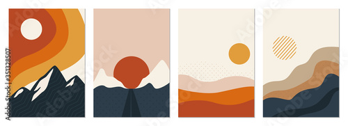 Collection of rectangular abstract landscapes. Sun, mountains, waves. Japanese style. Modern layouts, fashionable colors. Layouts for social networks, banners, posters. vector