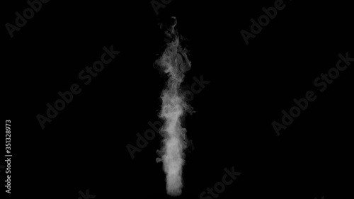 White steam spins and rises from a cup of tea. White smoke rises from a cigarette. Isolated seamless loop black background.