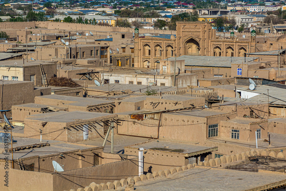 Aerial view of the old town of Khiva, Uzbekistan.