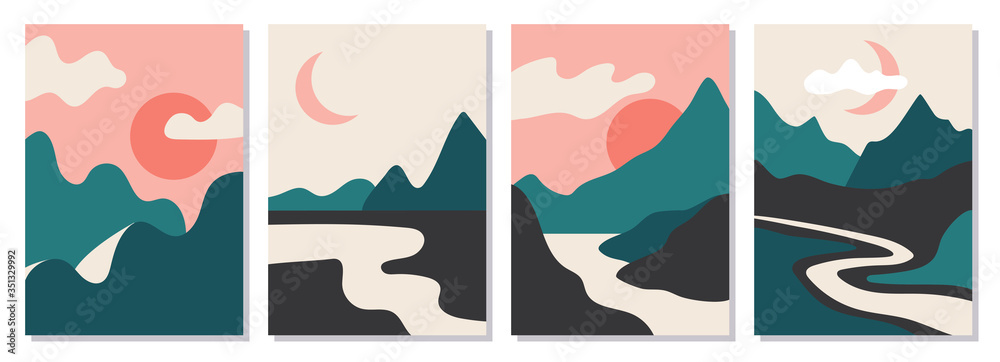 A set of rectangular abstract landscapes. Sun, Moon, mountains, clouds, rivers, plants. Asian design. Japanese motives. Layouts for social networks, ads, banners, posters. vector illustration