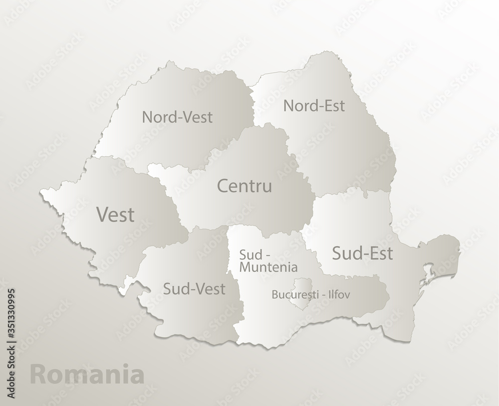 Romania map administrative division separates regions and names individual region, card paper 3D natural vector Romania map administrative division separates regions and names individual region, card paper 3D natural vector