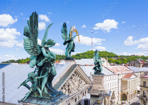 Sculptures on Lviv opera house, Ukraine from drone