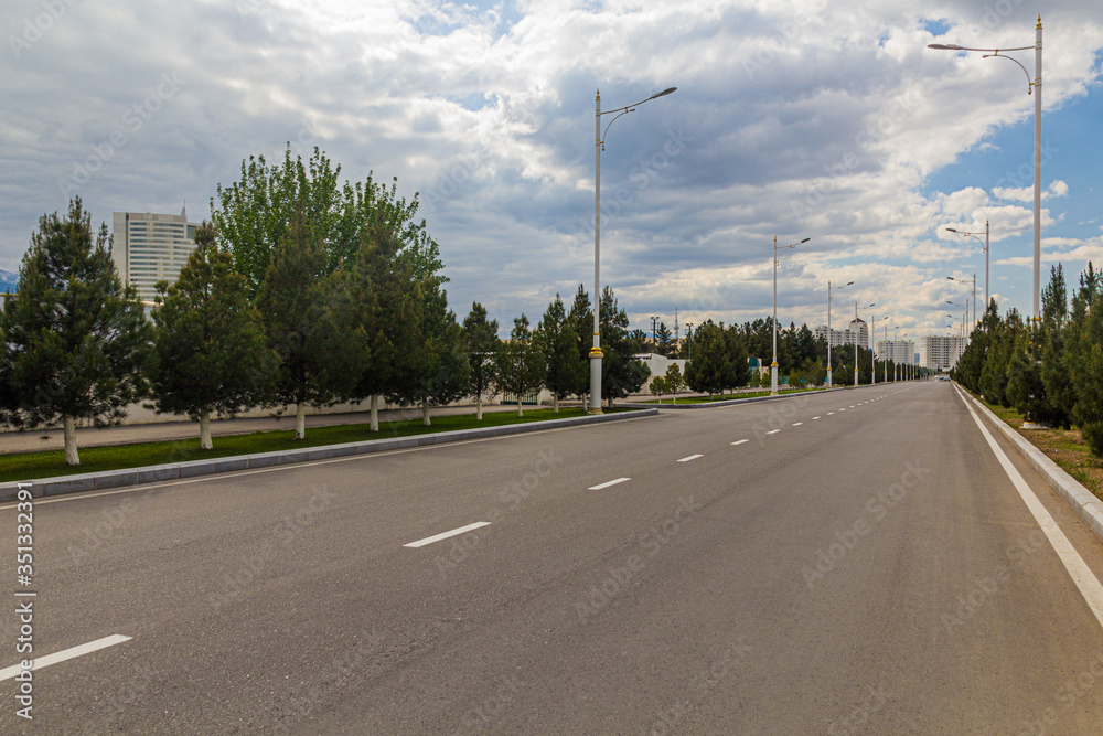 Empty road in modern Ashgabat, Turkmenistan