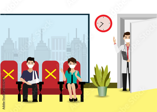 Patient wearing face mask, sitting at seats in hospital, keeping distance to protect from spreading of COVID-19 corona virus. Idea for new normal life in social distancing during COVID-19 pandemic.