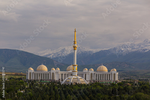 Independence monument and National Library in Ashgabat, Turkmenistan